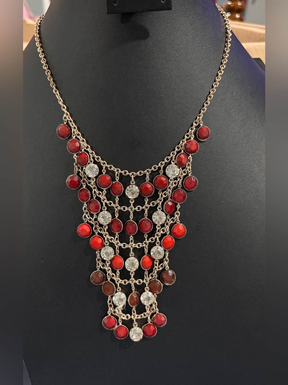 Ruby Red Rhinestone Layered Bib Statement Necklace Vintage Glam Boho